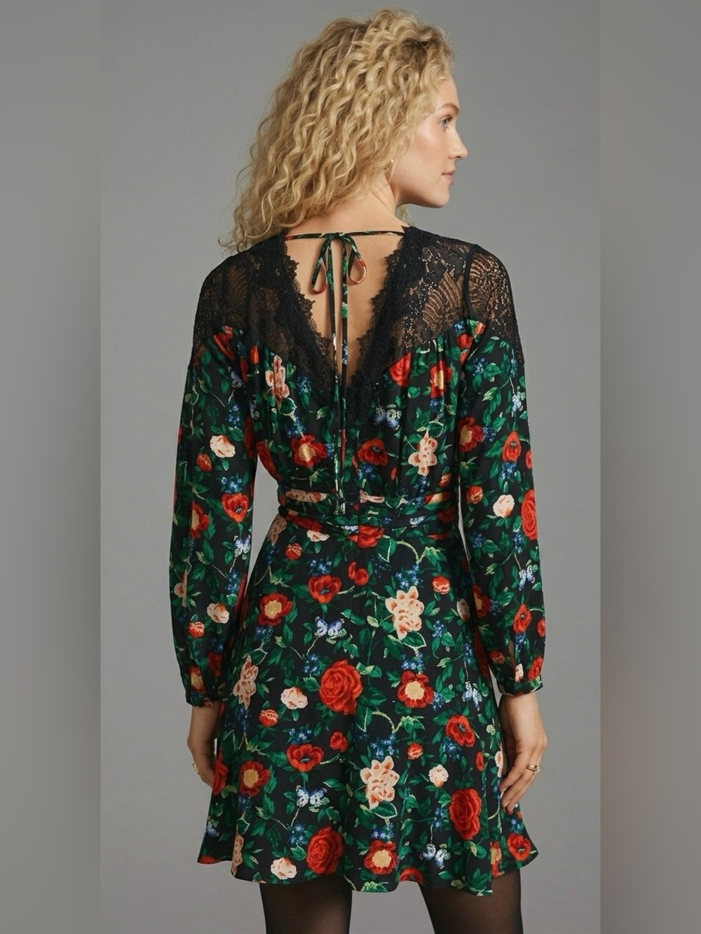 Anthropologie Lacy V-Neck Floral Mini Long Sleeve Lace Detail Boho A-Line dress - Picture 2 of 13